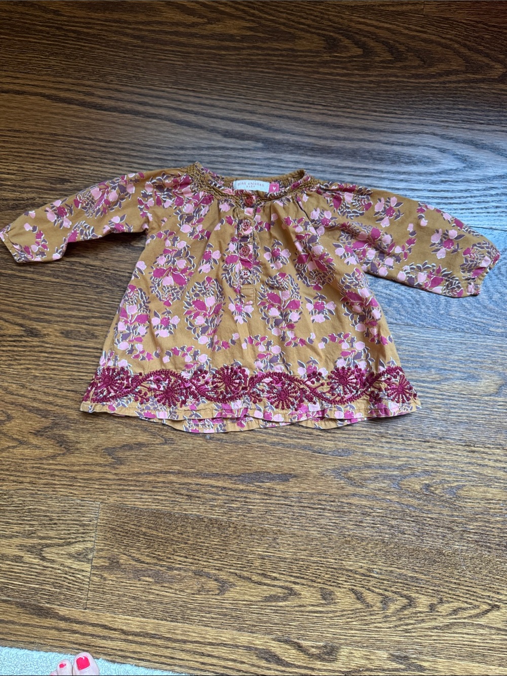 Pink Chicken Mustard Tunic with Pink Floral Embroidery